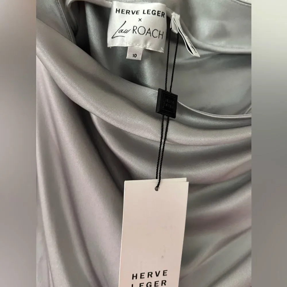 ⭕️ Hervé Léger Draped Asymmetrical Silk Maxi Skirt Silver NEW